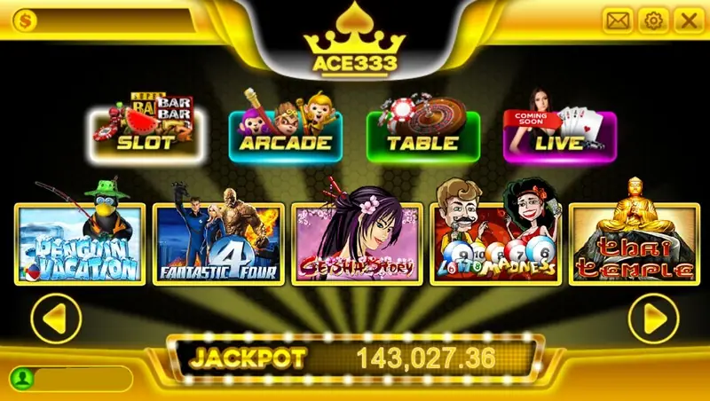 ACE333 game lobby with slot and fishing titles