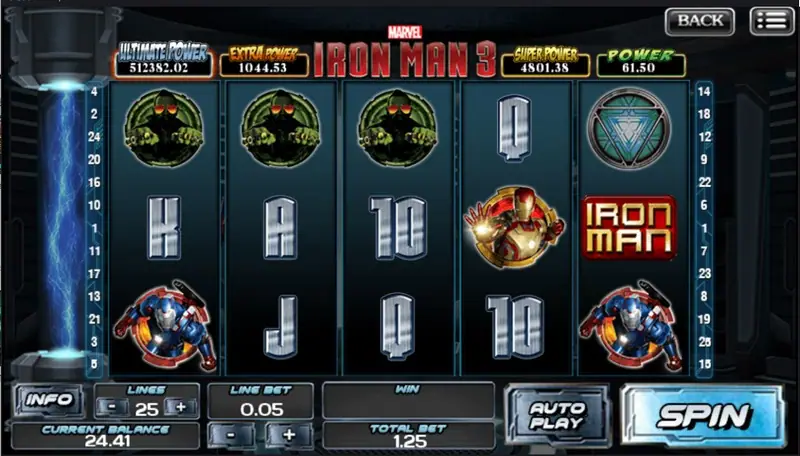 Iron Man 3 slot title screen with Iron Man in his red and gold armour