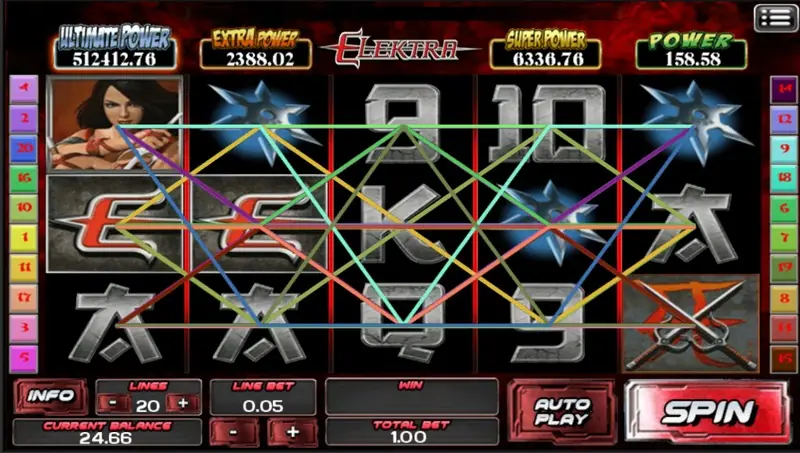 Elektra reels with character symbols and the Marvel slot frame