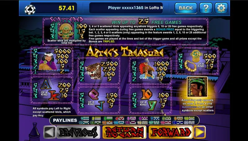 Aztec's Treasure slot on 3Win8 with Aztec gold and stone symbols on the reels