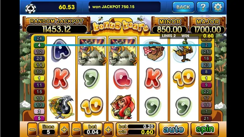 Bonus Bears paytable on 3Win8 with the 25 payline patterns