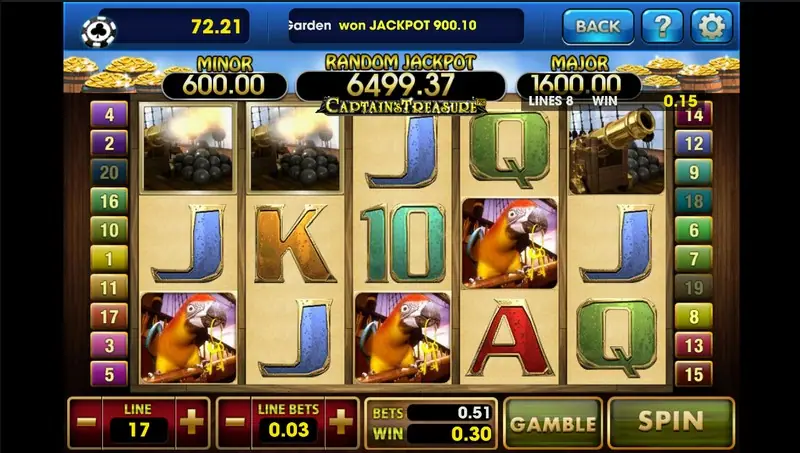 Captain's Treasure Pro paytable and bet settings screen