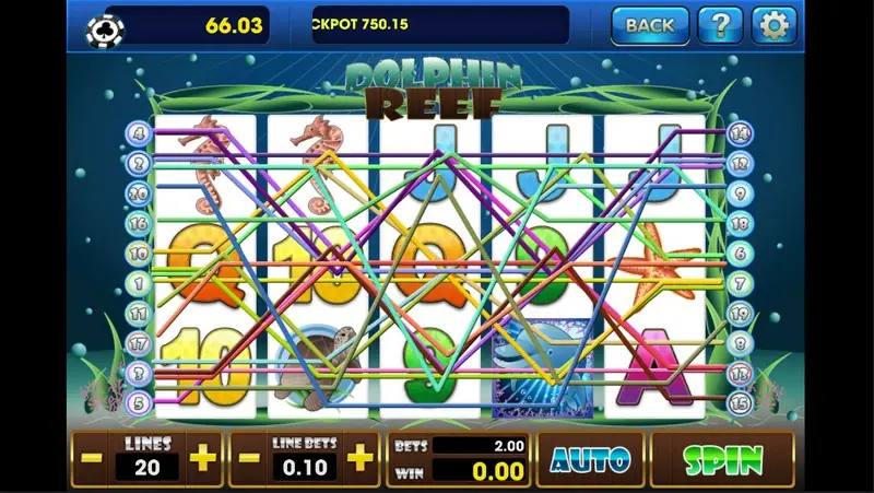 Dolphin Reef reels with seahorse, sea turtle and starfish symbols