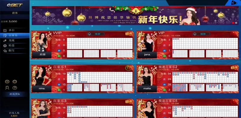 eBET live casino home page with table categories and live video