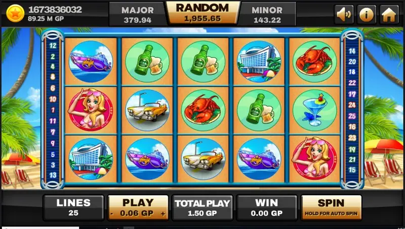 Miami slot on Joker123 with a sunny beach backdrop behind the reels