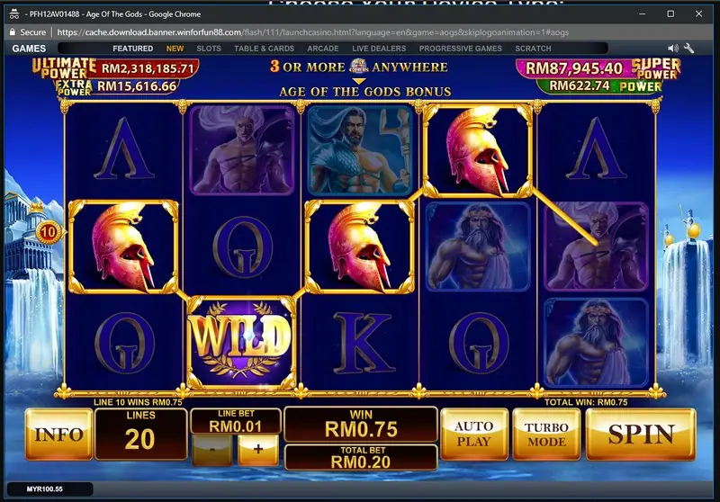 Age of the Gods reels on LPE88 with Zeus and Poseidon symbols