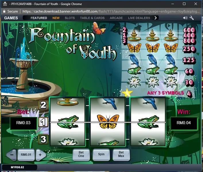 Fountain of Youth bet controls with Bet One and Bet Max buttons
