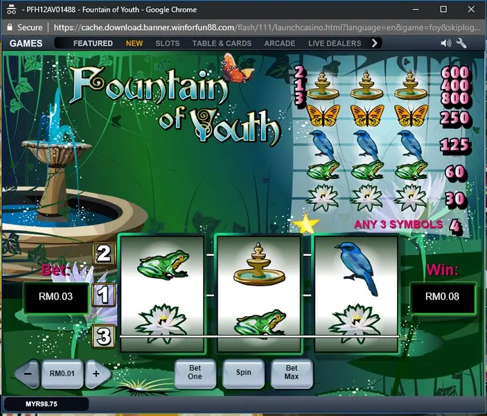Fountain of Youth paytable showing the fountain as top symbol