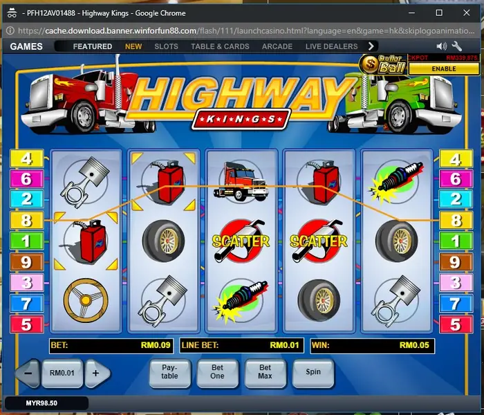 Highway Kings spin in progress with truck and road symbols