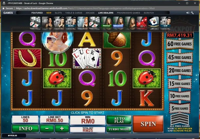 Streak of Luck reels on LPE88 with card symbols and the dice