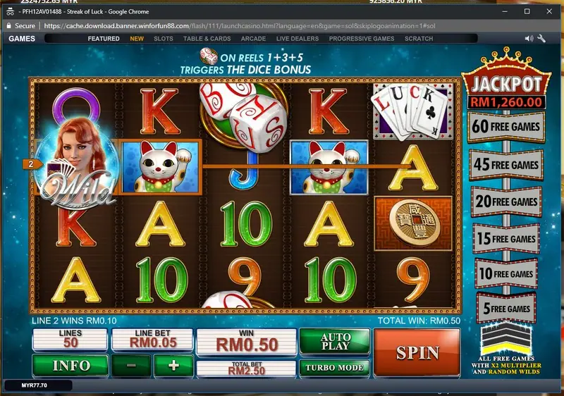Streak of Luck bonus round showing a dice roll result and payout