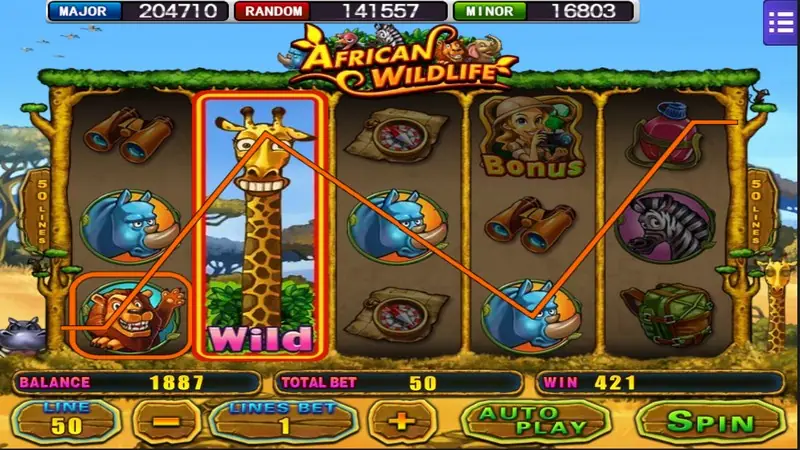 African Wildlife paytable showing the animal symbols and their payouts