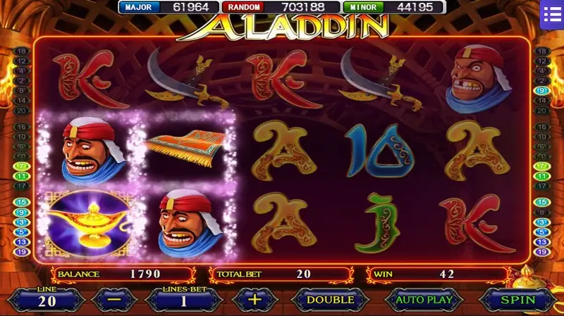 Paytable for Aladdin's Wishes showing the lady symbol payouts