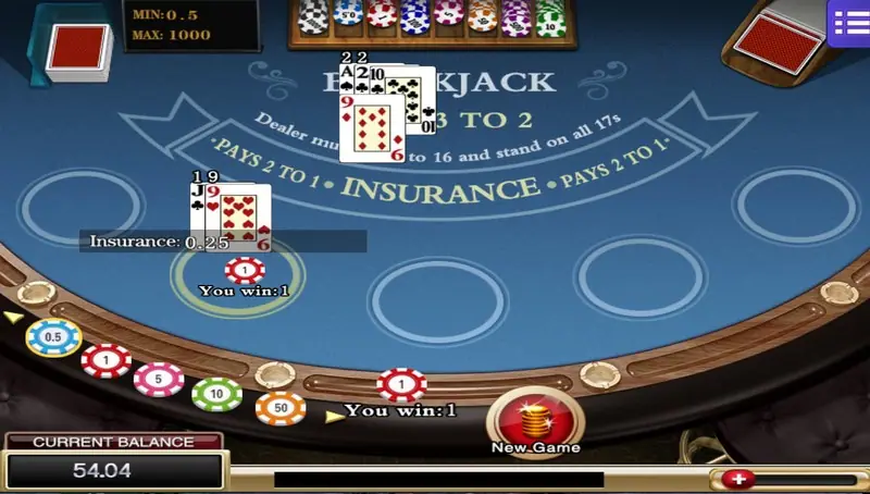 Black Jack mobile layout in portrait mode with hit and stand buttons