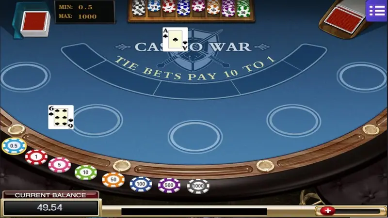 Casino War betting screen with the main bet and tie bet spots