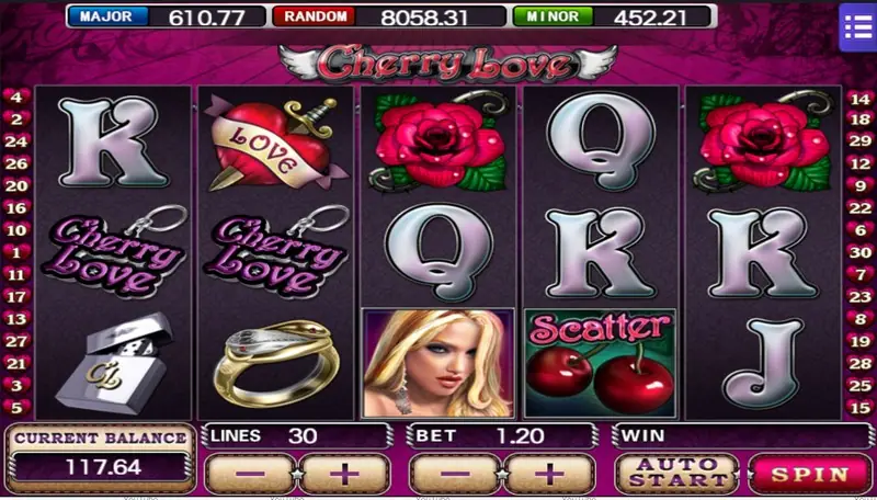Cherry Love slot reels with romance-themed character symbols