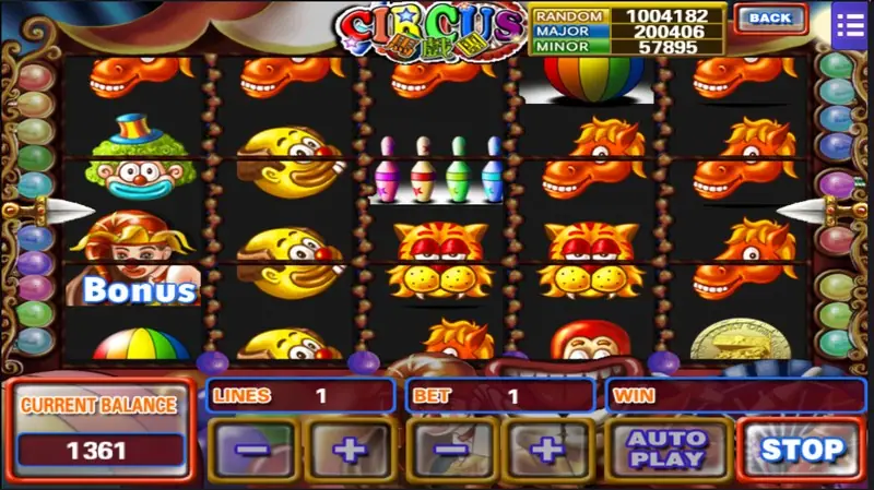 Circus paytable with the bear, seal and elephant symbols