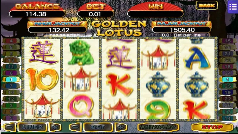 Golden Lotus paytable and bet settings screen