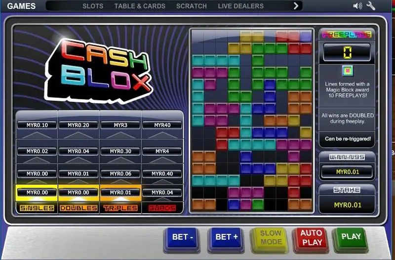 Cash Blox grid with blocks dropping into place