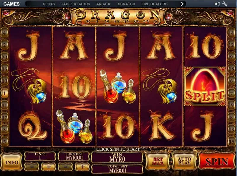 Dragon Kingdom paytable with the three dragons and the warrior