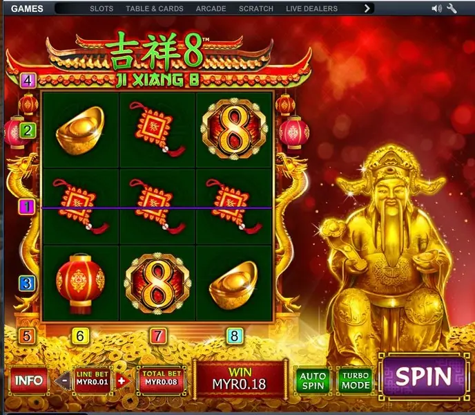 Ji Xiang 8 win on a payline with the payout shown