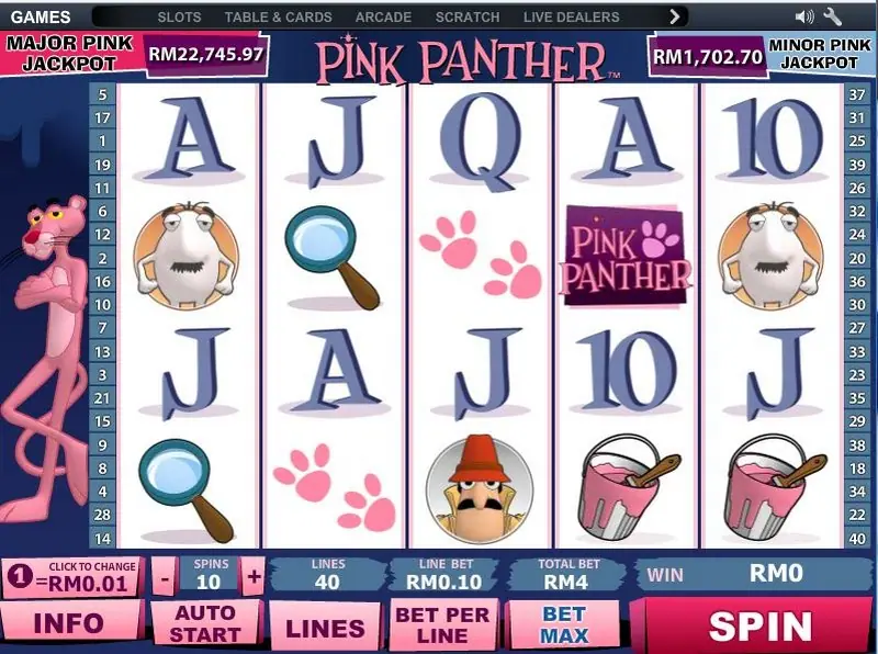 Pink Panther slot reels with the cartoon panther and comic-strip characters
