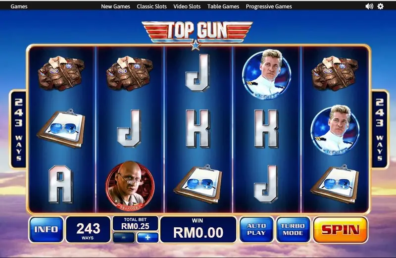 Top Gun slot reels with fighter jet and pilot themed symbols