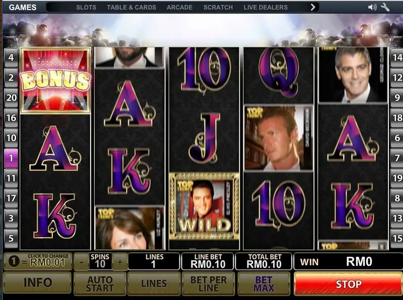Payline numbers on both sides of the Top Trumps Celebs reels
