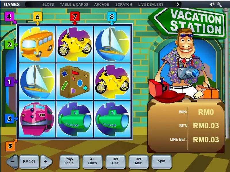 Vacation Station paytable with the transport symbol values