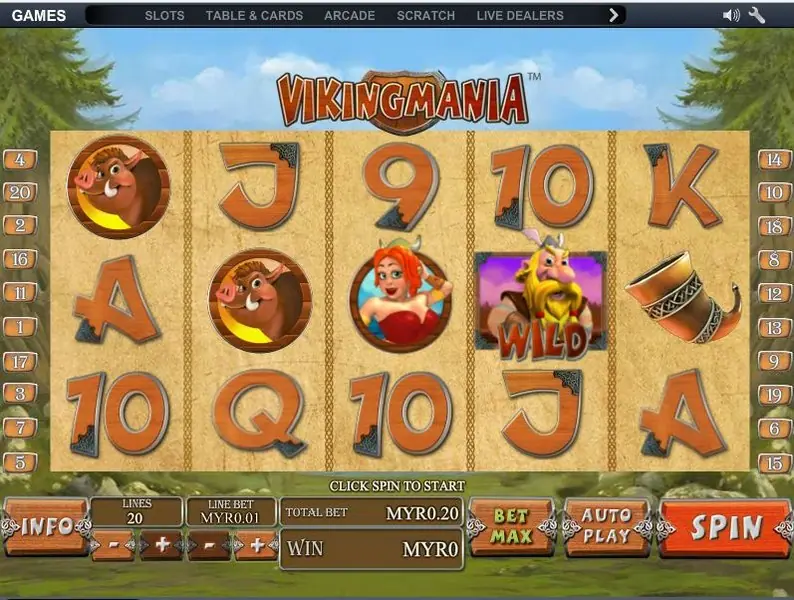 Viking Mania slot reels with cartoon Viking characters
