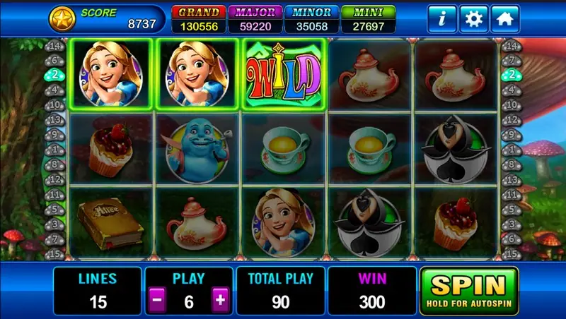 Alice slot reels with characters from Wonderland