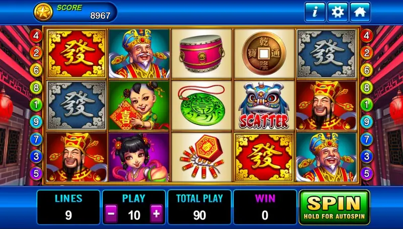 God of Wealth slot with the cartoon deity beside red and gold reels
