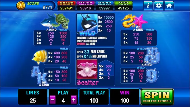 Grand Blue paytable showing the sea creature symbol values