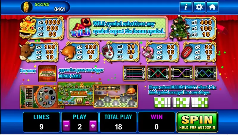 Seasons Greetings bet panel showing coin size and coins per line