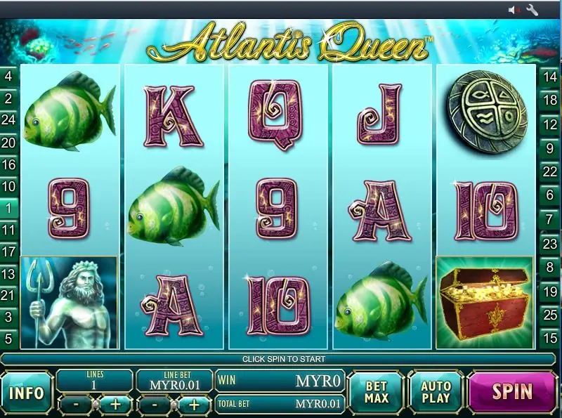 Atlantis Queen paytable showing Poseidon, temple and queen values