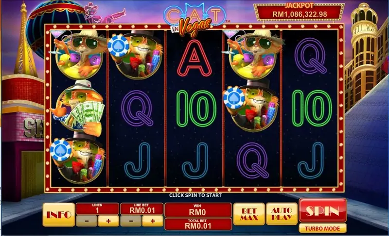 Paytable for Cat In Vegas showing the Felix symbols and poker symbols