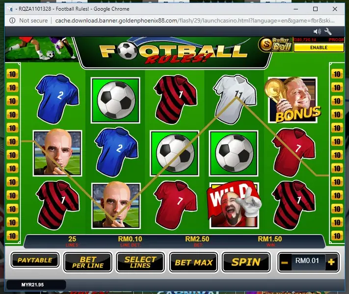 Football Rules paytable showing symbol payouts
