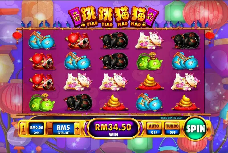 Paytable screen listing the cat symbol payouts