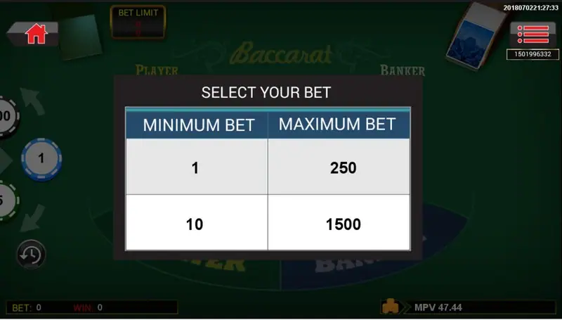 Sky777 baccarat table with Banker, Player and Tie betting areas