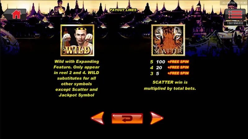 Amazing Thailand paytable with symbol payouts