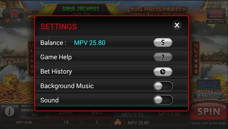 Big Prosperity reels on Sky777 with the line and coin controls below