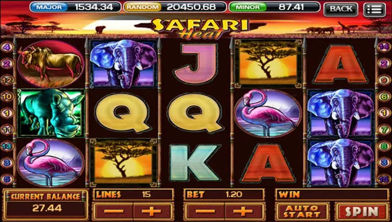 Safari Heat five reels with animal symbols on a dark background