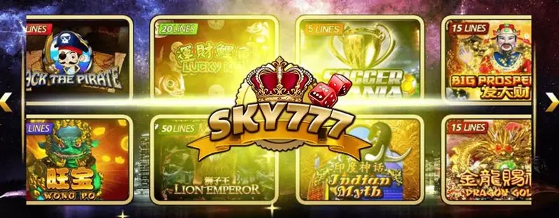 Sky777 online casino banner with slot machine artwork